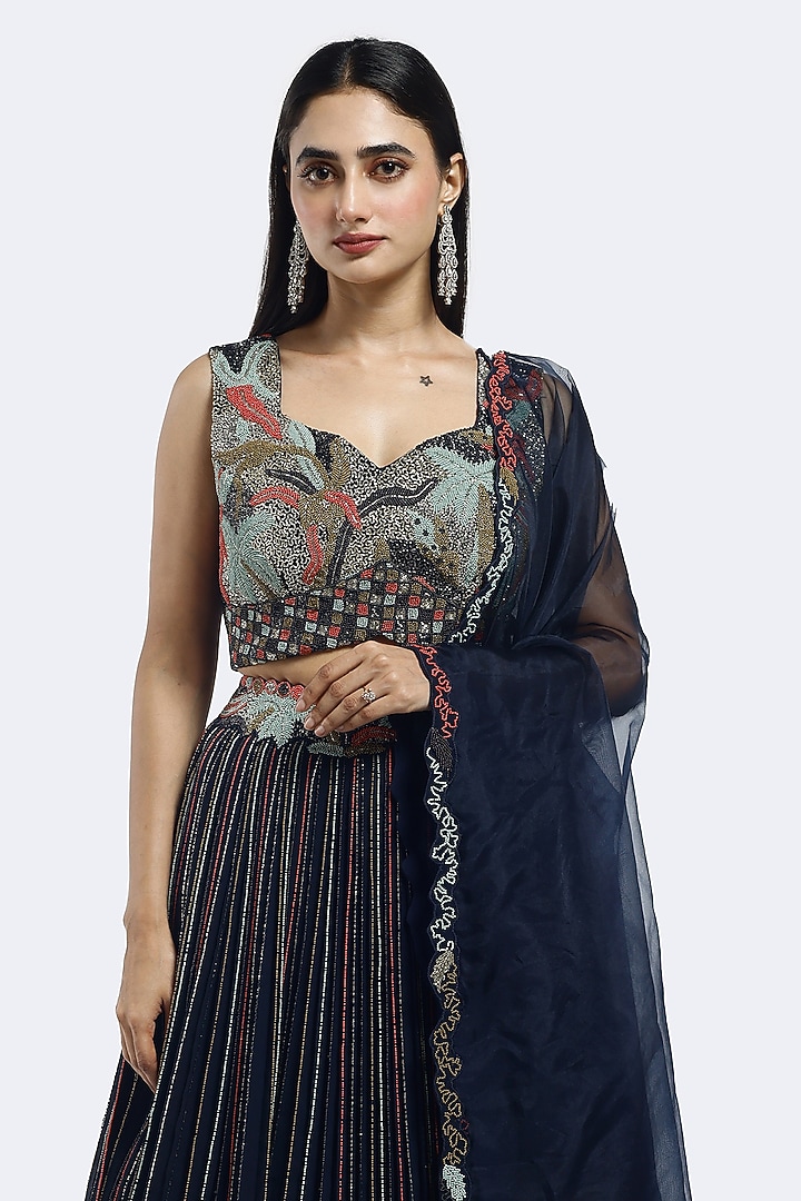 Navy Blue Georgette Cutdana Embellished A-line Wedding Lehenga Set by Onaya at Pernia's Pop Up Shop