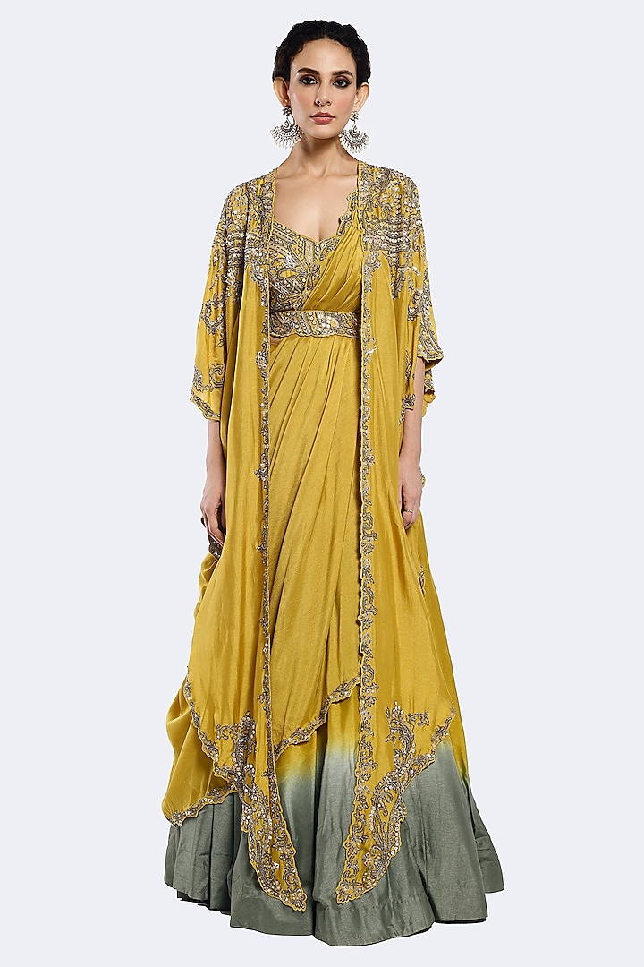 Yellow & Green Silk Sequins Embellished Kaftan Jacket Wedding Lehenga Set by Onaya at Pernia's Pop Up Shop