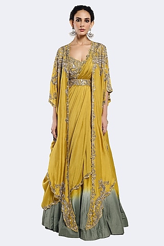 Yellow & Green Silk Sequins Embellished Cape Lehenga Set by Onaya