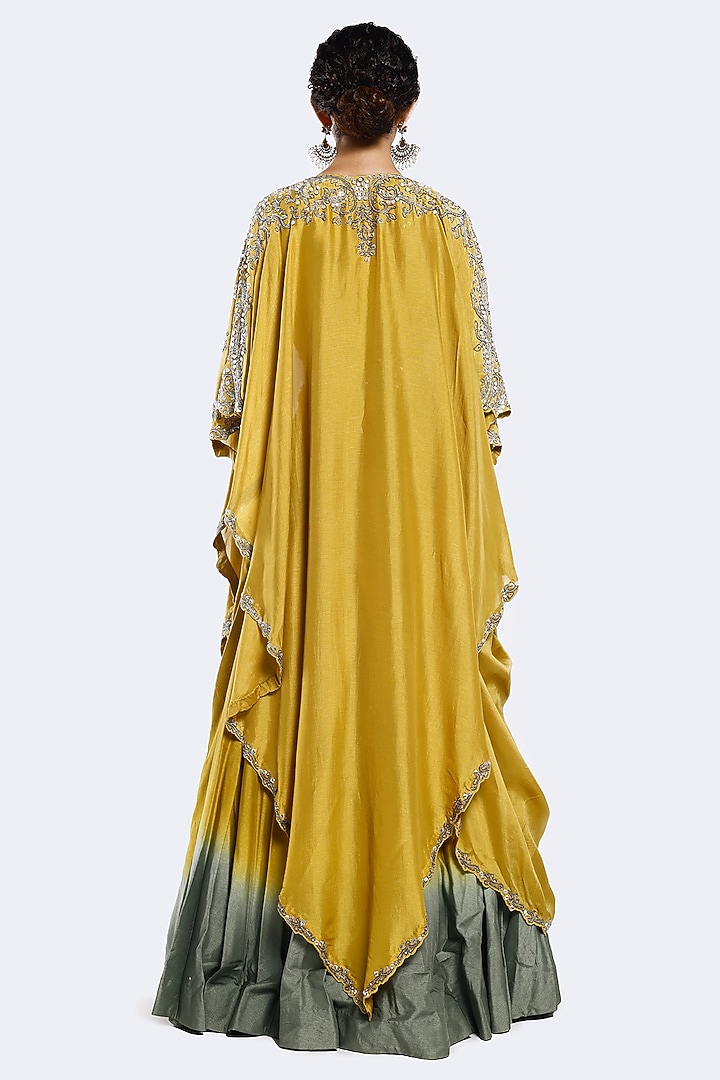 Yellow & Green Silk Sequins Embellished Cape Wedding Lehenga Set by Onaya at Pernia's Pop Up Shop
