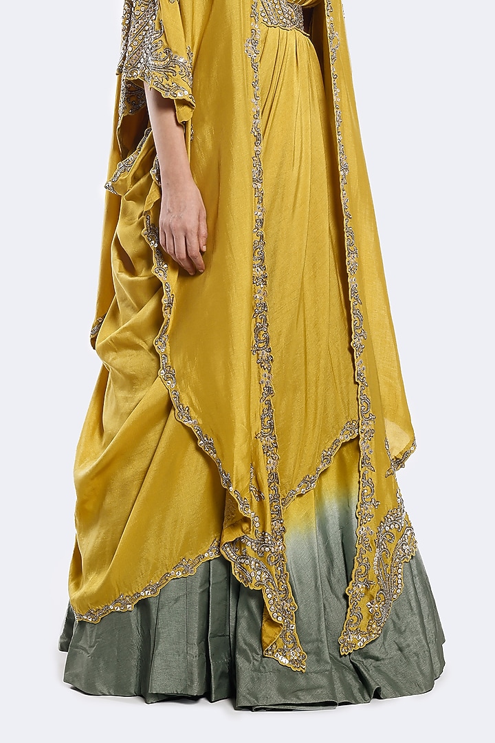 Yellow & Green Silk Sequins Embellished Cape Wedding Lehenga Set by Onaya at Pernia's Pop Up Shop