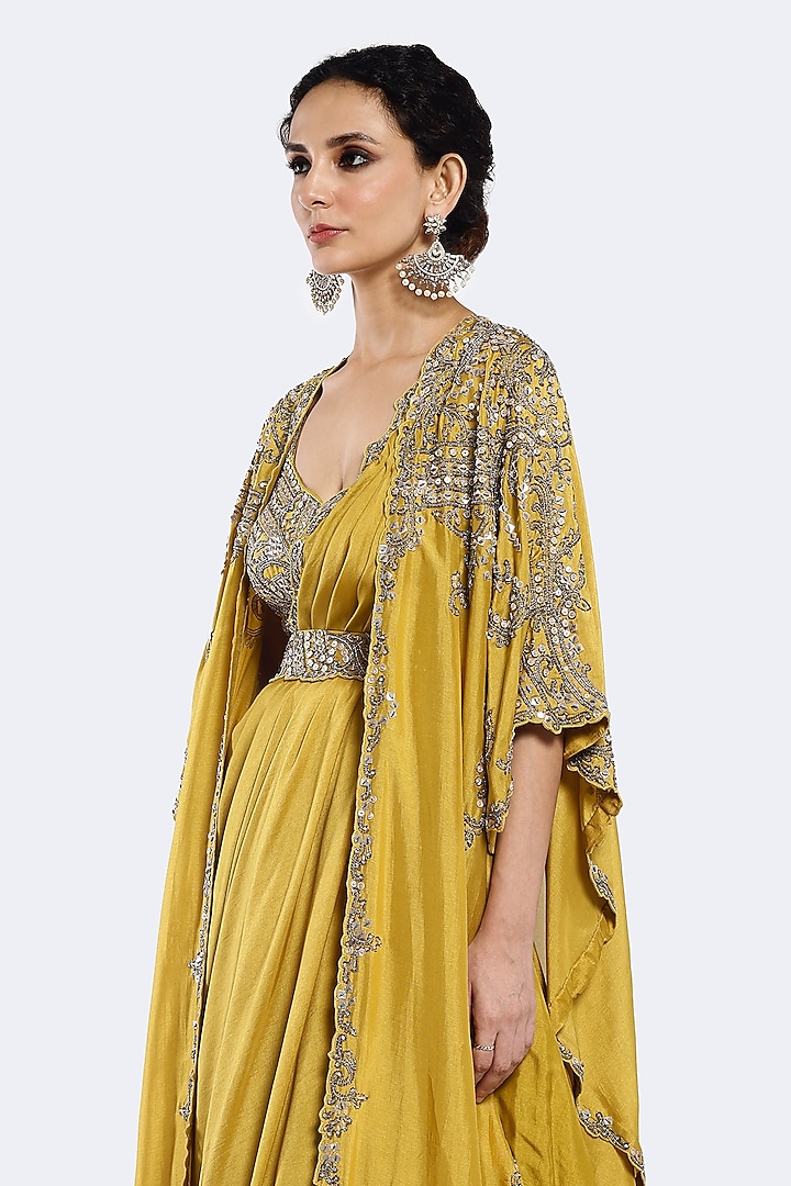 Yellow & Green Silk Sequins Embellished Cape Wedding Lehenga Set by Onaya at Pernia's Pop Up Shop