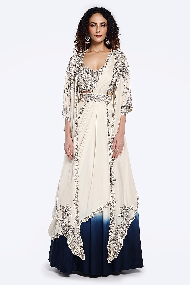 Off-White & Blue Silk Sequins Embellished Kaftan Jacket Wedding Lehenga Set by Onaya at Pernia's Pop Up Shop