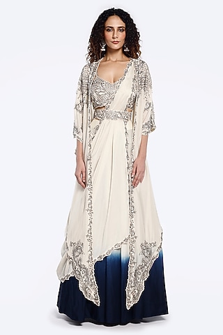 Off-White & Blue Silk Sequins Embellished Kaftan Jacket Lehenga Set by Onaya