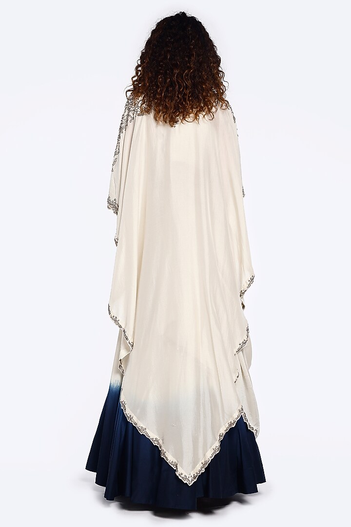 Off-White & Blue Silk Sequins Embellished Kaftan Jacket Wedding Lehenga Set by Onaya at Pernia's Pop Up Shop