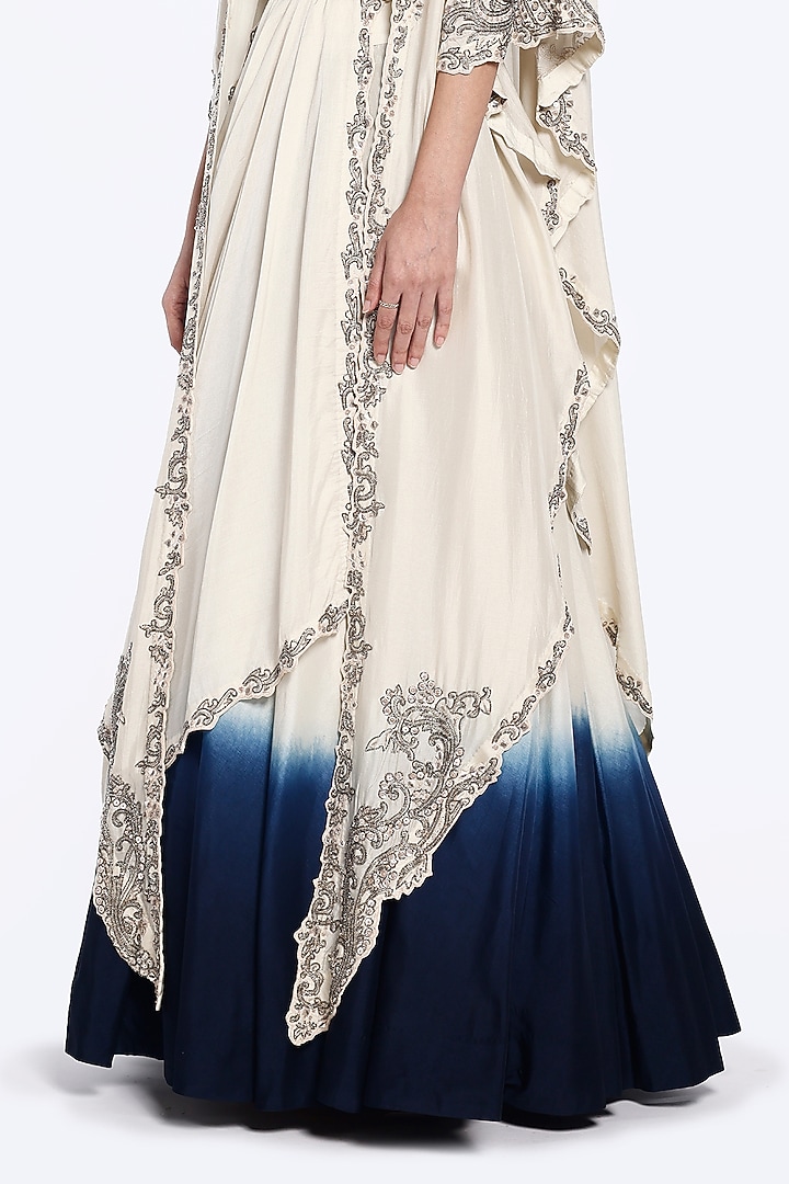 Off-White & Blue Silk Sequins Embellished Kaftan Jacket Wedding Lehenga Set by Onaya at Pernia's Pop Up Shop
