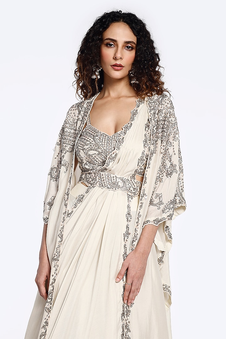 Off-White & Blue Silk Sequins Embellished Kaftan Jacket Wedding Lehenga Set by Onaya at Pernia's Pop Up Shop