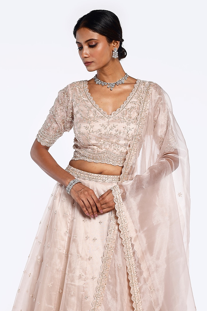 Beige Organza Dabka & Tikki Embellished A-Line Wedding Lehenga Set by Onaya at Pernia's Pop Up Shop