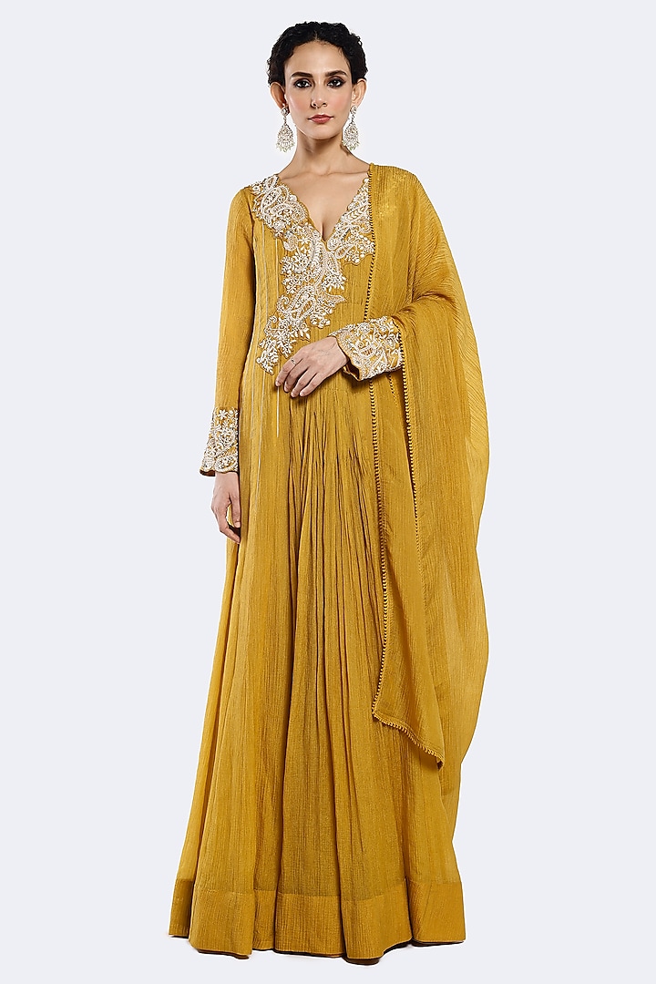 Mustard Crush Fabric Sequins & Thread Embellished Anarkali Set by Onaya at Pernia's Pop Up Shop