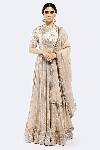 Pearl Ivory Organza Sequins & Pearl Embellished Lehenga Set by Onaya