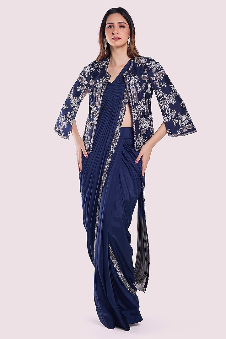 Navy Blue Silk Sequins Embellished Pre-Stitched Jacket Saree Set by Onaya at Pernia's Pop Up Shop