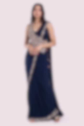 Navy Blue Lycra Net Floral Embellished Pre-Stitched Draped Saree Set by Onaya at Pernia's Pop Up Shop