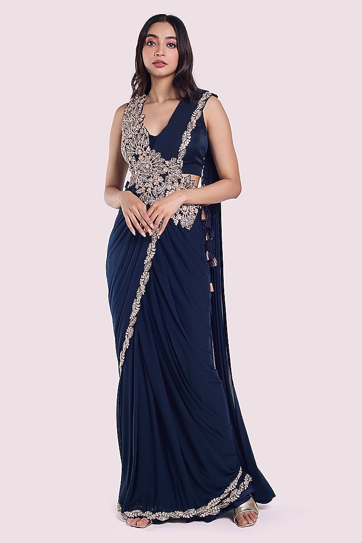 Navy Blue Lycra Net Floral Embellished Pre-Stitched Draped Saree Set by Onaya at Pernia's Pop Up Shop