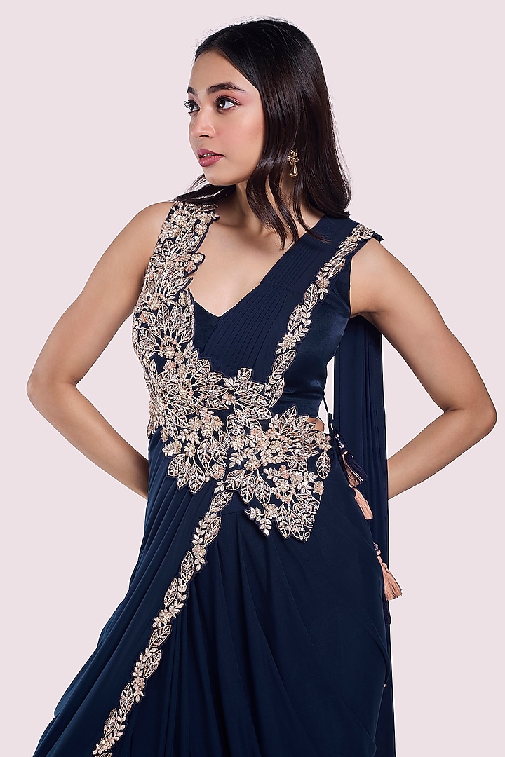 Navy Blue Lycra Net Floral Embellished Pre-Stitched Draped Party Wear Saree Set by Onaya at Pernia's Pop Up Shop