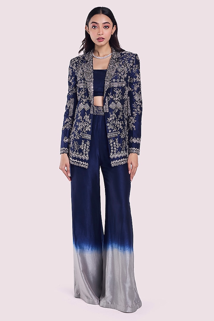 Navy Blue Silk Sequins & Mirror Embellished Blazer Set by Onaya at Pernia's Pop Up Shop