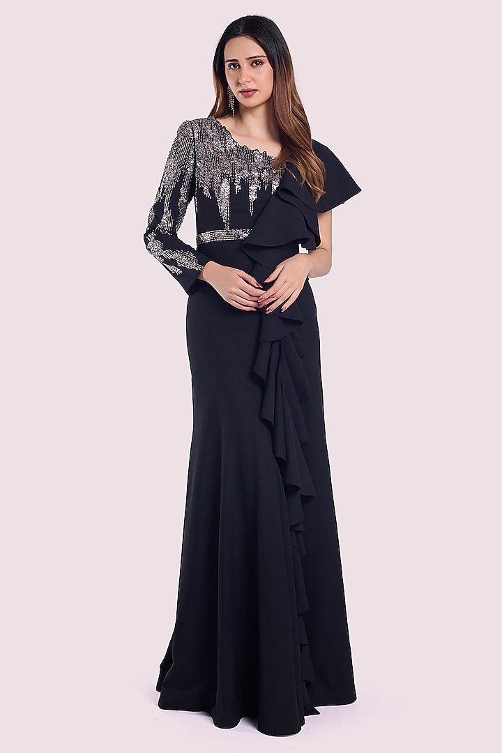 Black Georgette Sequins Embellished Gown by Onaya at Pernia's Pop Up Shop