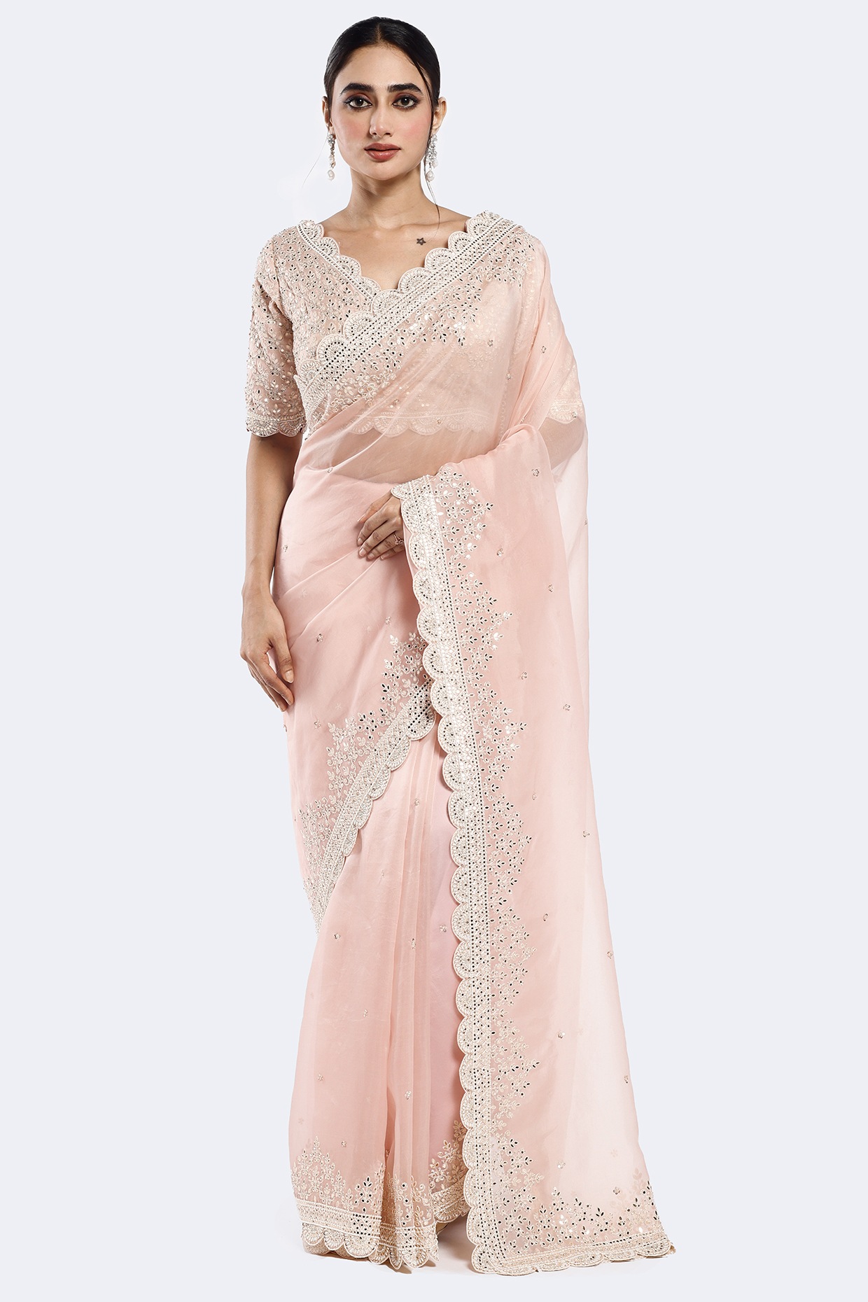 Organza saree x sequins x white lace - Pink