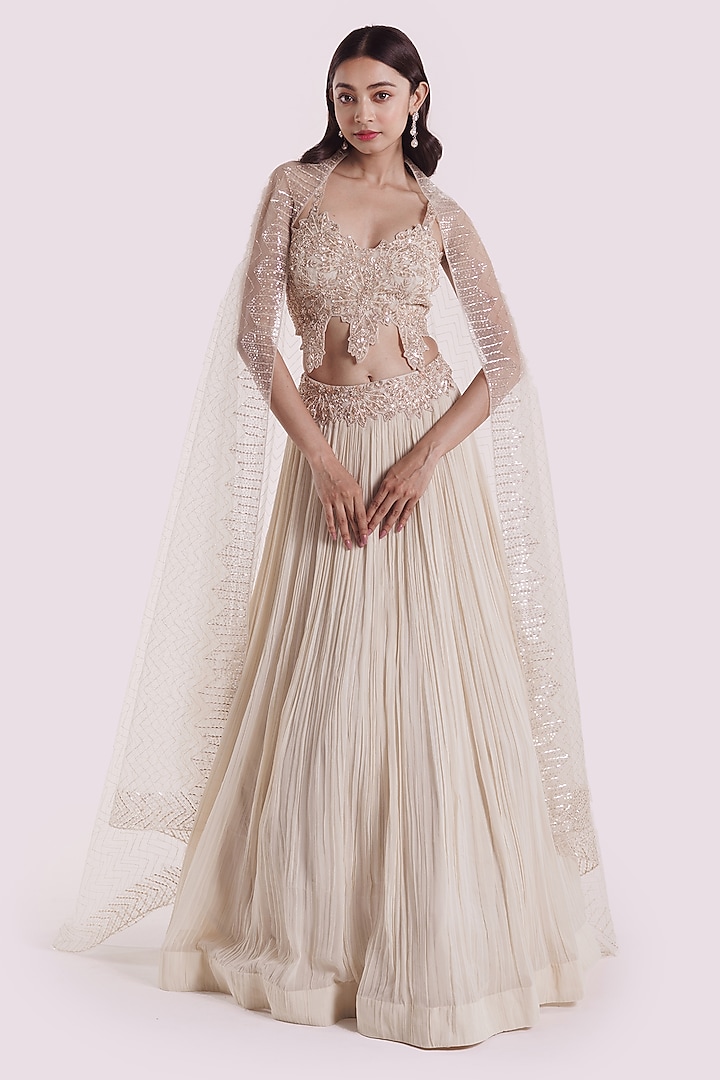 Ivory Georgette Sequins & Pearl Embellished Lehenga Set by Onaya at Pernia's Pop Up Shop