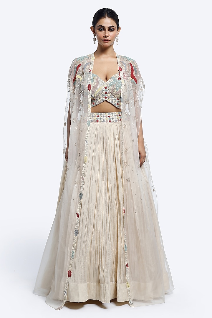 Ivory Crush Fabric & Organza Sequins Embellished Jacket Wedding Lehenga Set by Onaya at Pernia's Pop Up Shop