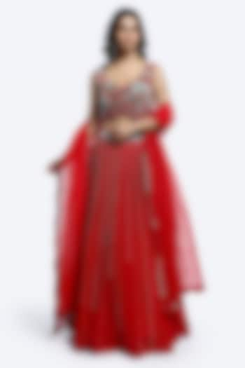 Red Georgette Cutdana Embellished Wedding Lehenga Set by Onaya at Pernia's Pop Up Shop