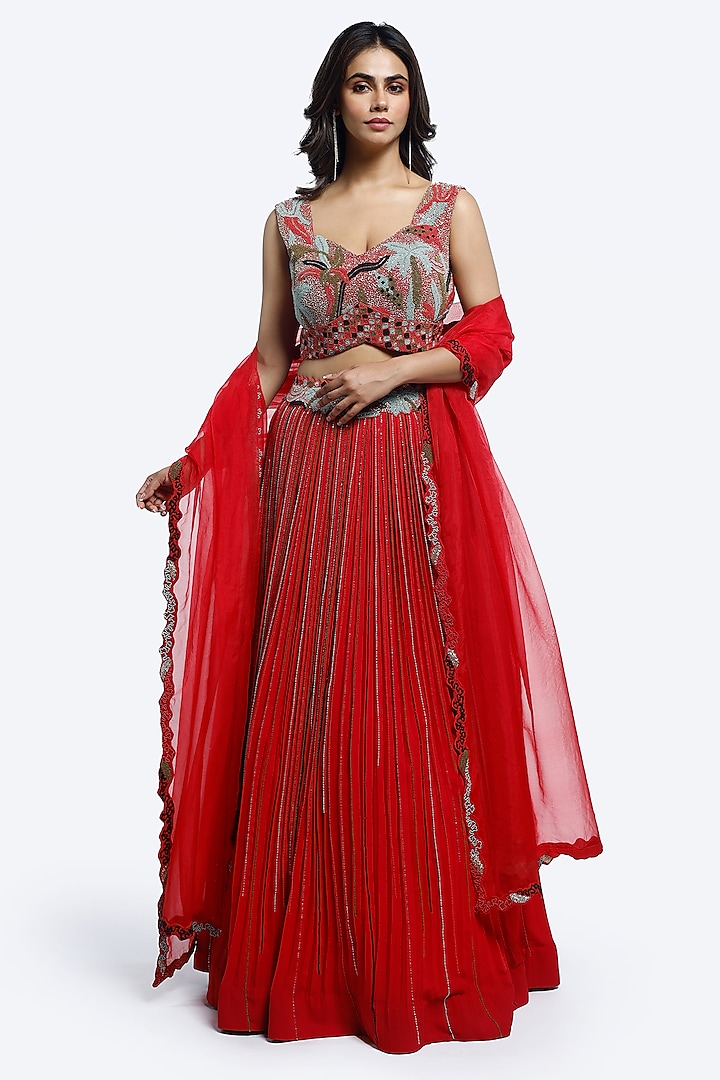 Red Georgette Cutdana Embellished Wedding Lehenga Set by Onaya at Pernia's Pop Up Shop