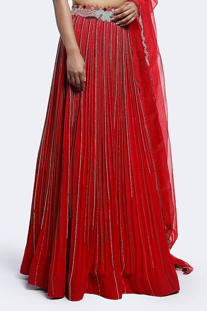 Red Georgette Cutdana Embellished Wedding Lehenga Set by Onaya at Pernia's Pop Up Shop