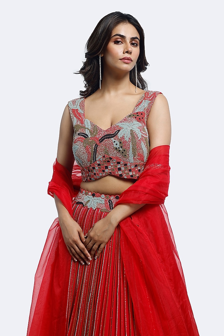 Red Georgette Cutdana Embellished Wedding Lehenga Set by Onaya at Pernia's Pop Up Shop