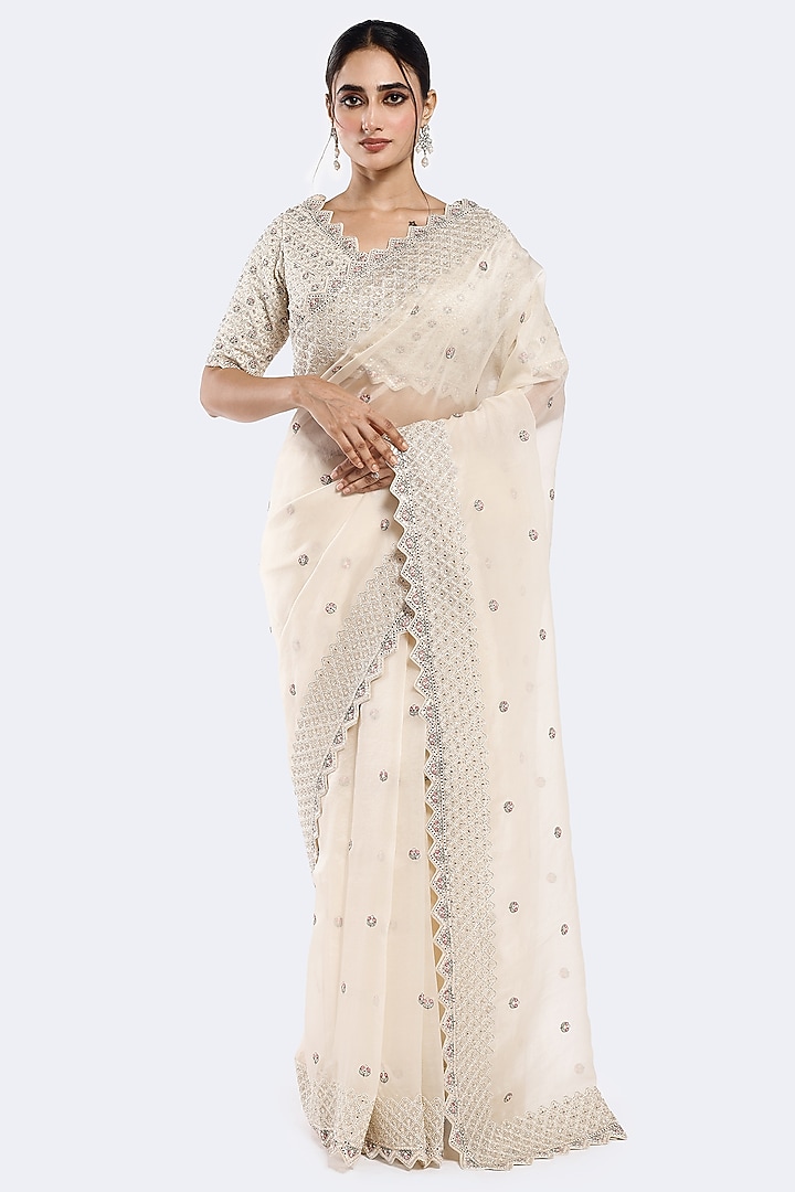 Off-White Organza Cutdana Embellished Party Wear Saree Set by Onaya at Pernia's Pop Up Shop