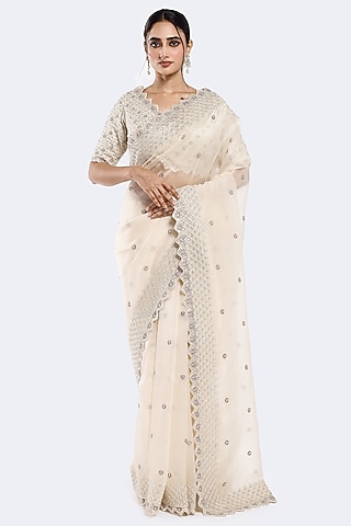 Off-White Organza Cutdana Embellished Saree Set by Onaya