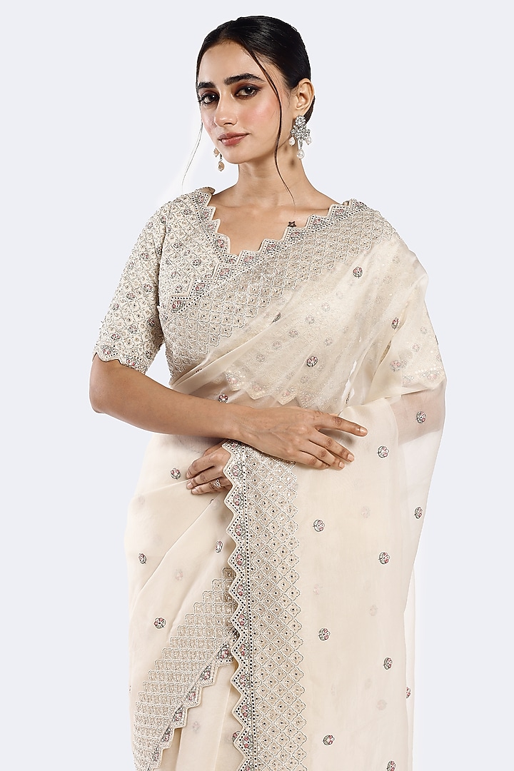 Off-White Organza Cutdana Embellished Party Wear Saree Set by Onaya at Pernia's Pop Up Shop