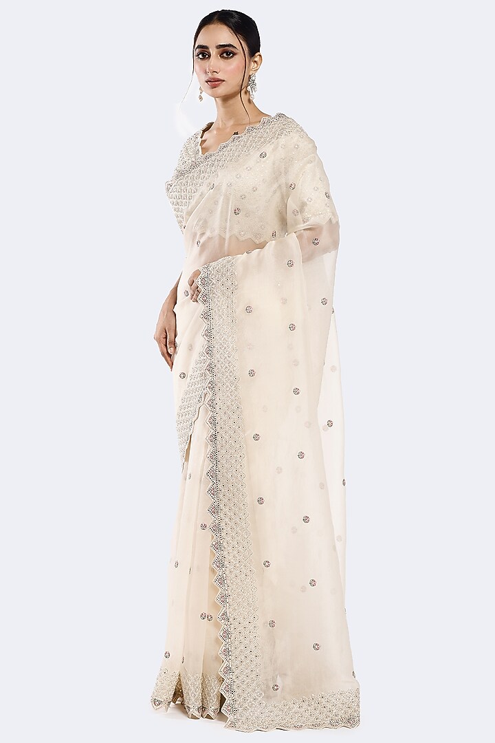 Off-White Organza Cutdana Embellished Party Wear Saree Set by Onaya at Pernia's Pop Up Shop