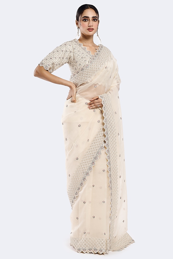 Off-White Organza Cutdana Embellished Party Wear Saree Set by Onaya at Pernia's Pop Up Shop