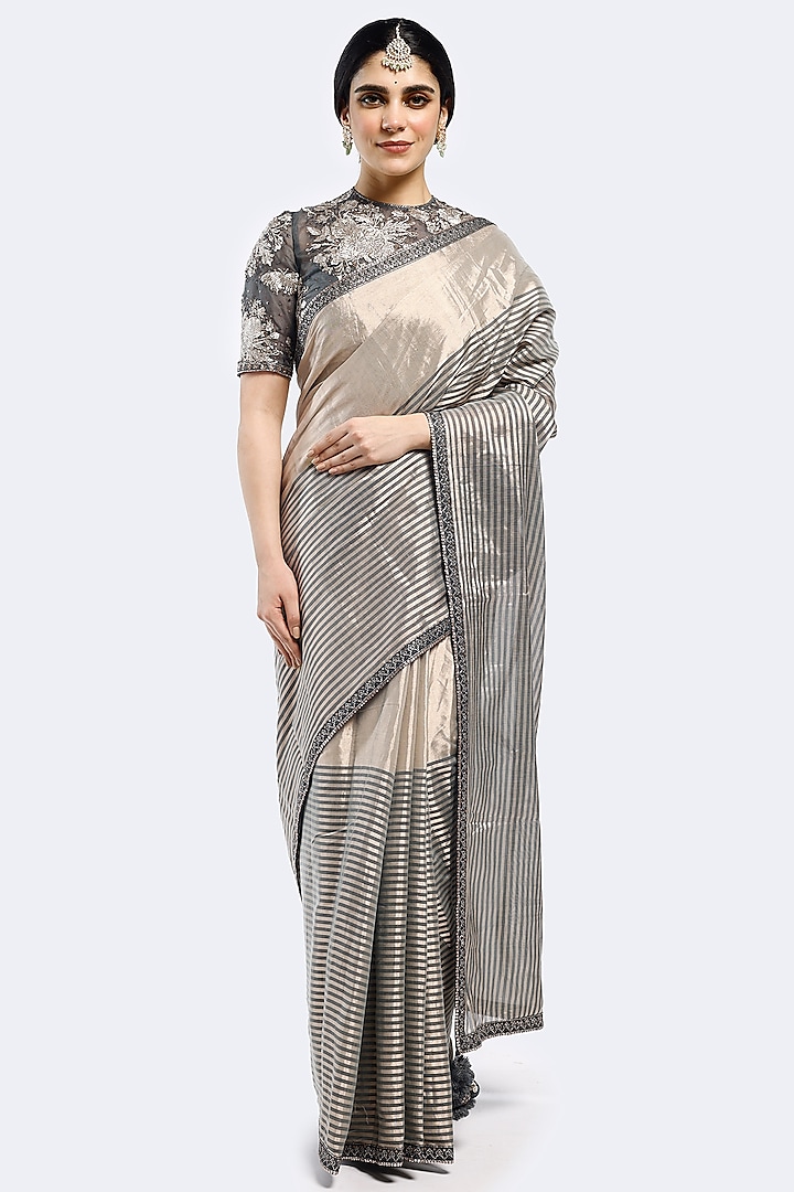 Grey Organza Striped Saree Set by Onaya at Pernia's Pop Up Shop