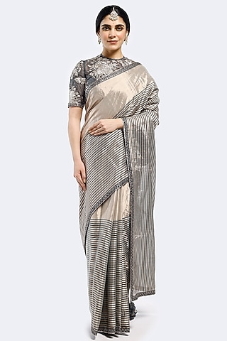 Grey Organza Striped Saree Set by Onaya