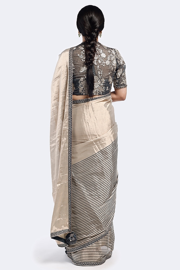 Grey Organza Striped Party Wear Saree Set by Onaya at Pernia's Pop Up Shop