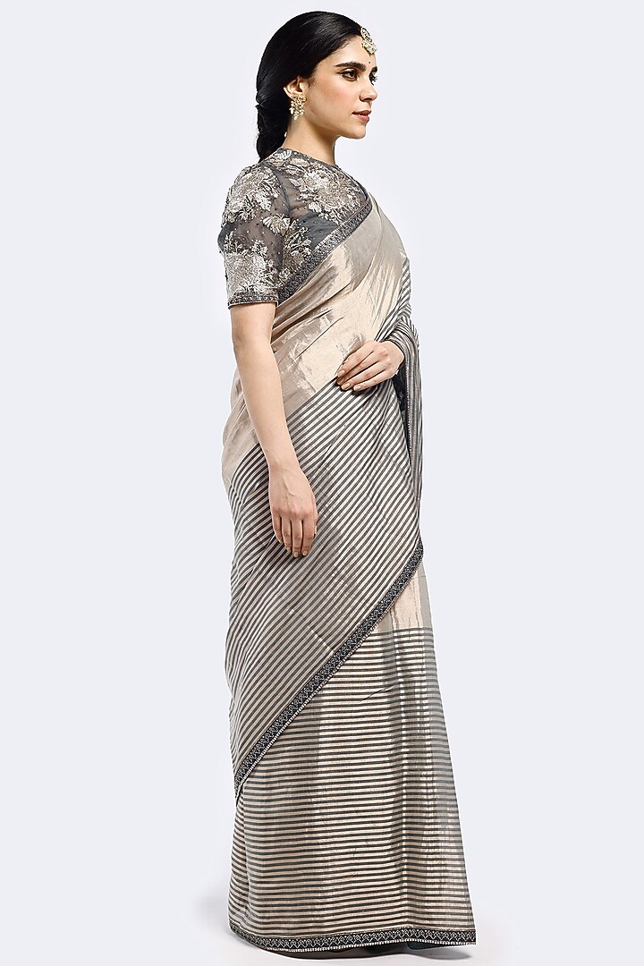 Grey Organza Striped Party Wear Saree Set by Onaya at Pernia's Pop Up Shop