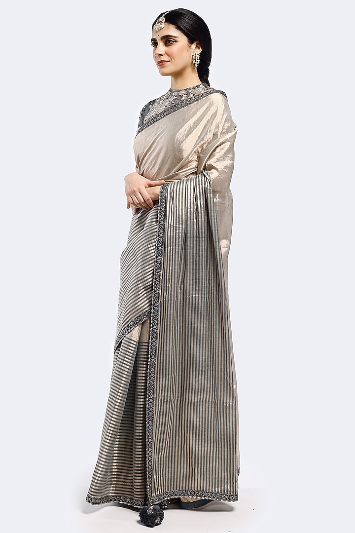 Grey Organza Striped Party Wear Saree Set by Onaya at Pernia's Pop Up Shop