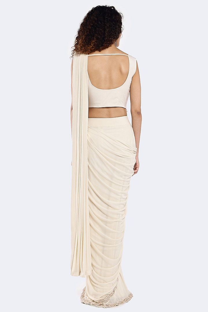 Ivory Lycra Net Floral Embellished Pre-stitched Party Wear Saree Set by Onaya at Pernia's Pop Up Shop