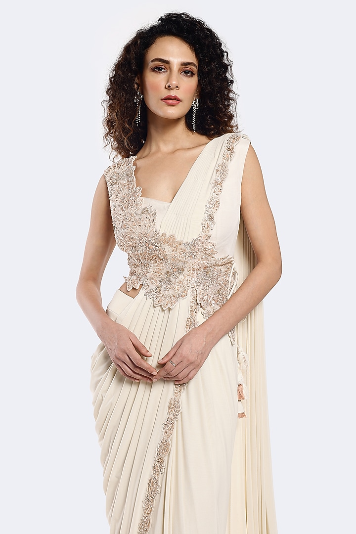 Ivory Lycra Net Floral Embellished Pre-stitched Party Wear Saree Set by Onaya at Pernia's Pop Up Shop