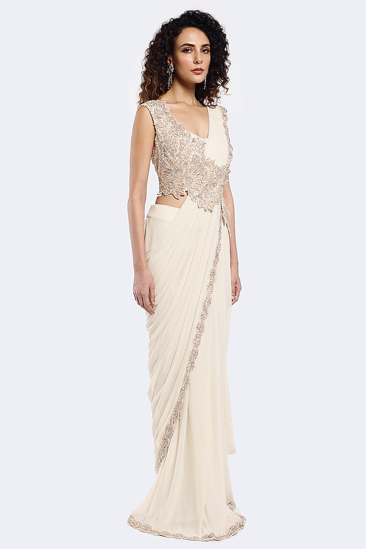 Ivory Lycra Net Floral Embellished Pre-stitched Party Wear Saree Set by Onaya at Pernia's Pop Up Shop