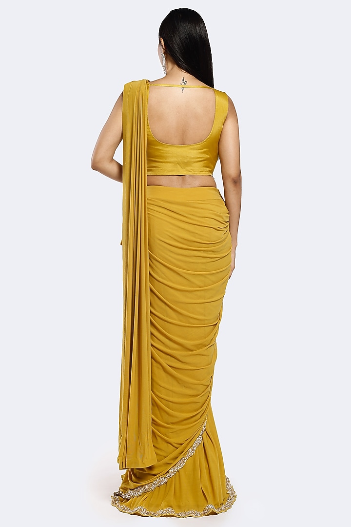 Mustard Lycra Net Floral Embellished Pre-stitched Party Wear Saree Set by Onaya at Pernia's Pop Up Shop