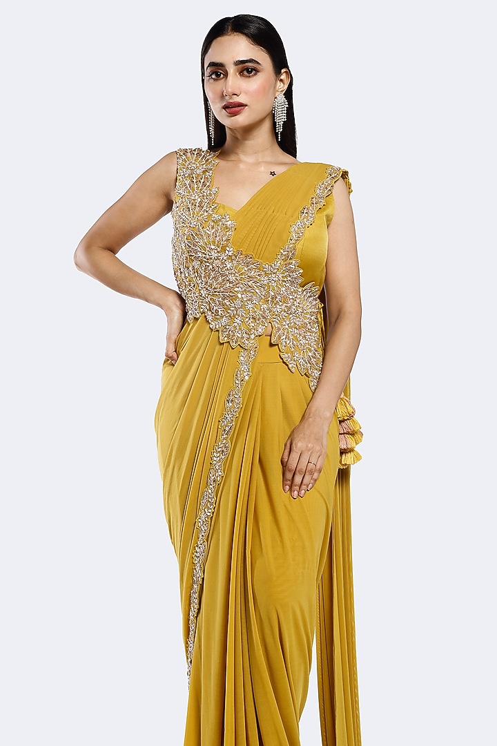Mustard Lycra Net Floral Embellished Pre-stitched Party Wear Saree Set by Onaya at Pernia's Pop Up Shop