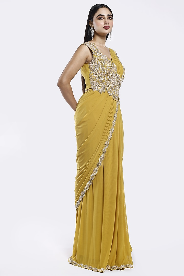 Mustard Lycra Net Floral Embellished Pre-stitched Party Wear Saree Set by Onaya at Pernia's Pop Up Shop