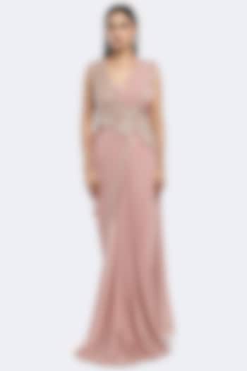 Rose Pink Lycra Net Floral Embellished Pre-stitched Party Wear Saree Set by Onaya at Pernia's Pop Up Shop