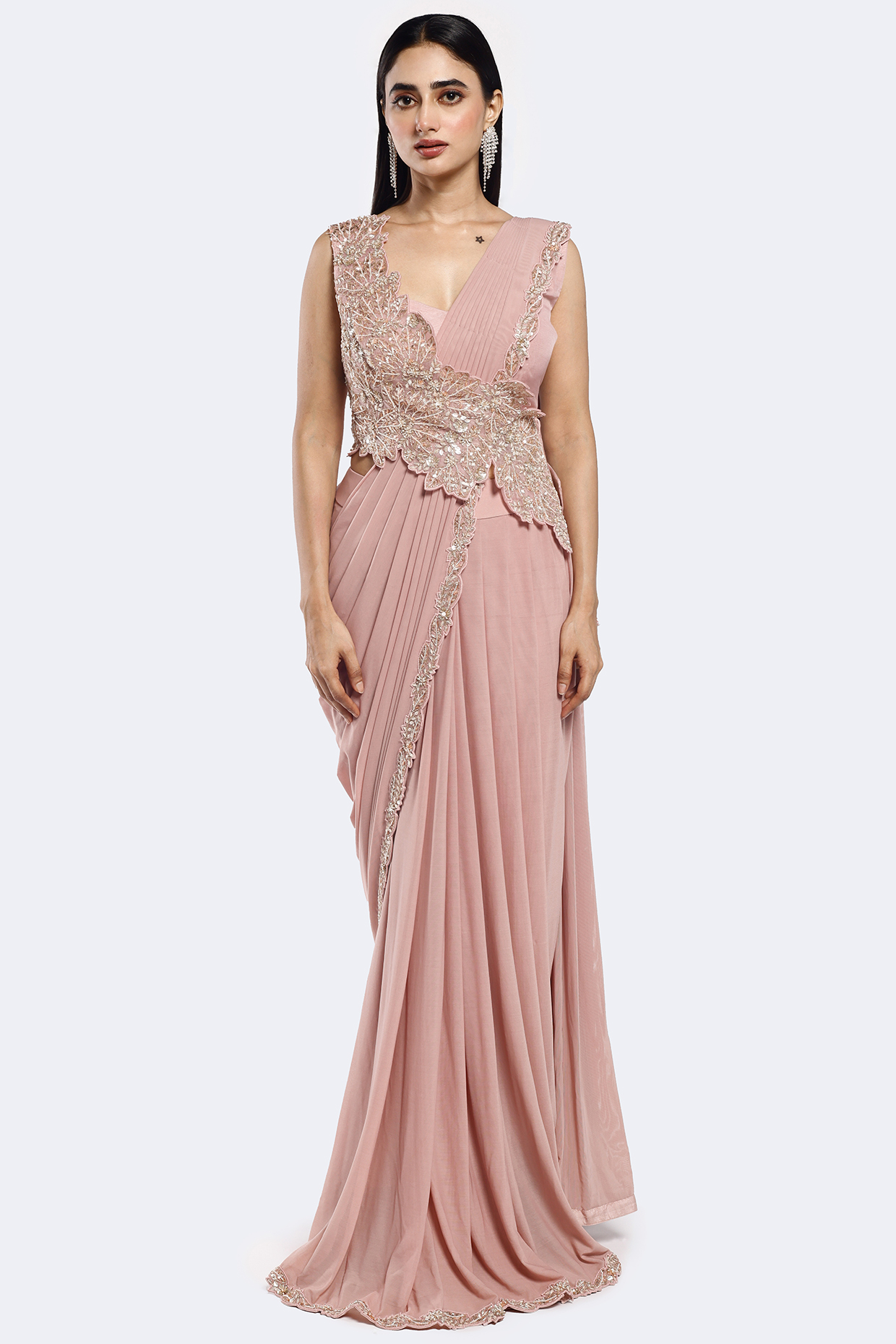 Rose Pink Lycra Net Floral Embellished Pre-stitched Party Wear Saree Set by Onaya at Pernia's Pop Up Shop