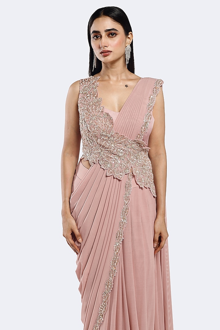 Rose Pink Lycra Net Floral Embellished Pre-stitched Party Wear Saree Set by Onaya at Pernia's Pop Up Shop