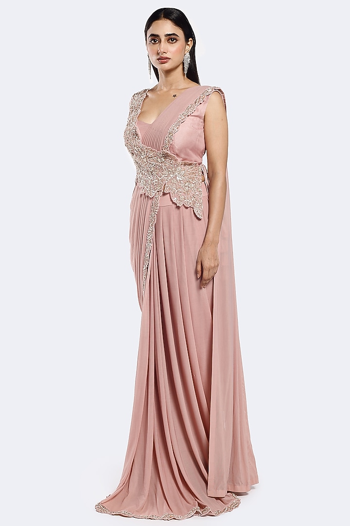 Rose Pink Lycra Net Floral Embellished Pre-stitched Party Wear Saree Set by Onaya at Pernia's Pop Up Shop
