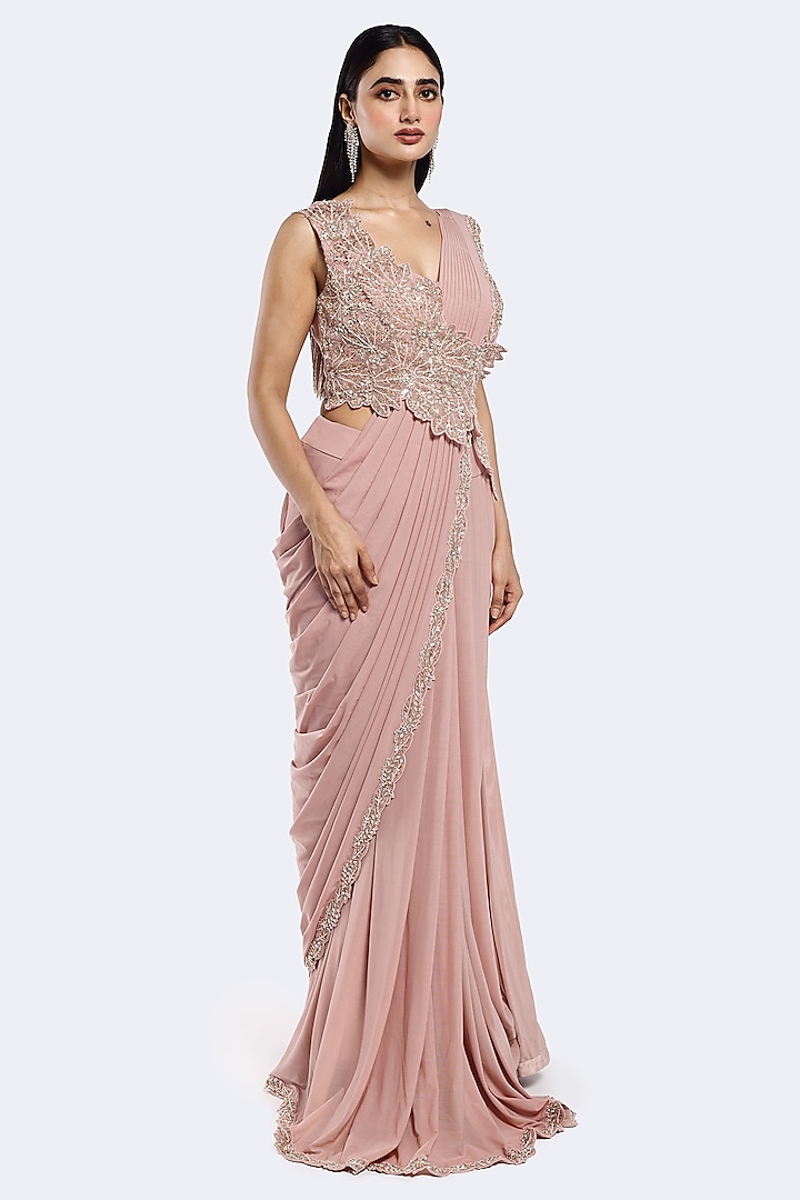 Rose Pink Lycra Net Floral Embellished Pre-stitched Party Wear Saree Set by Onaya at Pernia's Pop Up Shop