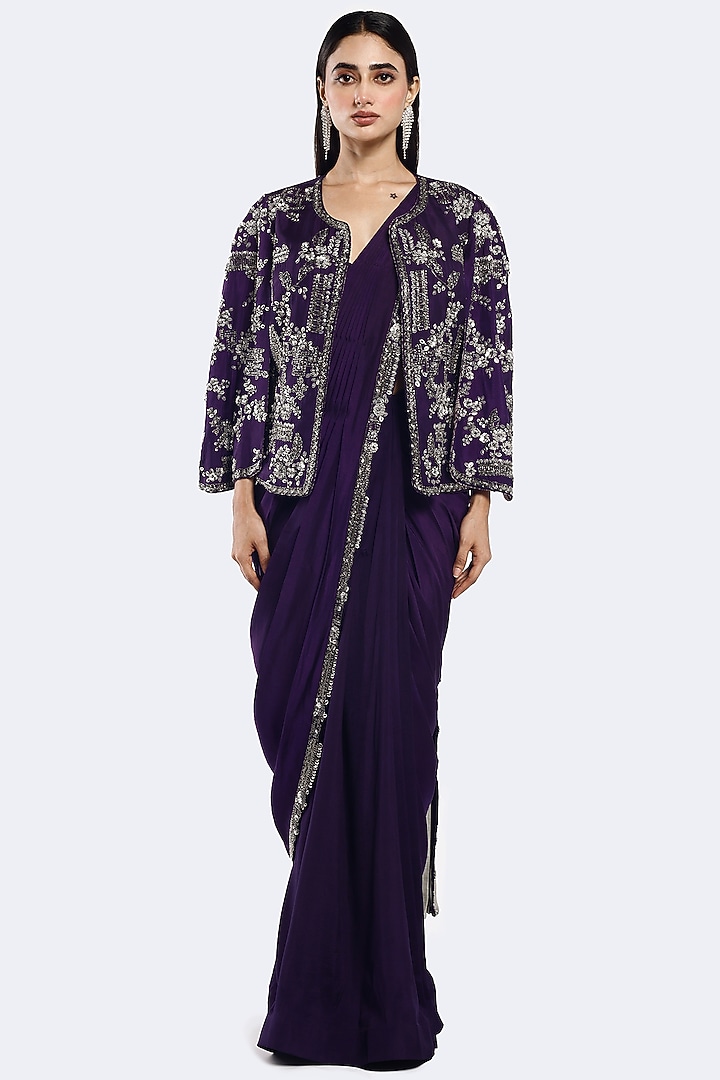 Purple Silk Sequins Embellished Pre-Stitched Jacket Wedding Saree Set by Onaya at Pernia's Pop Up Shop