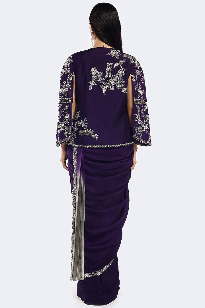 Purple Silk Sequins Embellished Pre-Stitched Jacket Wedding Saree Set by Onaya at Pernia's Pop Up Shop